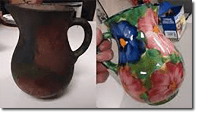 Before and after of a vase in a fire